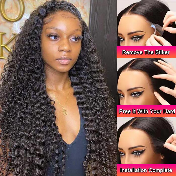 Pre Cut 13x4 Frontal Wigs Human Hair Pre Plucked Deep Wave  Natural Black Pre Everything Wig - Image 3
