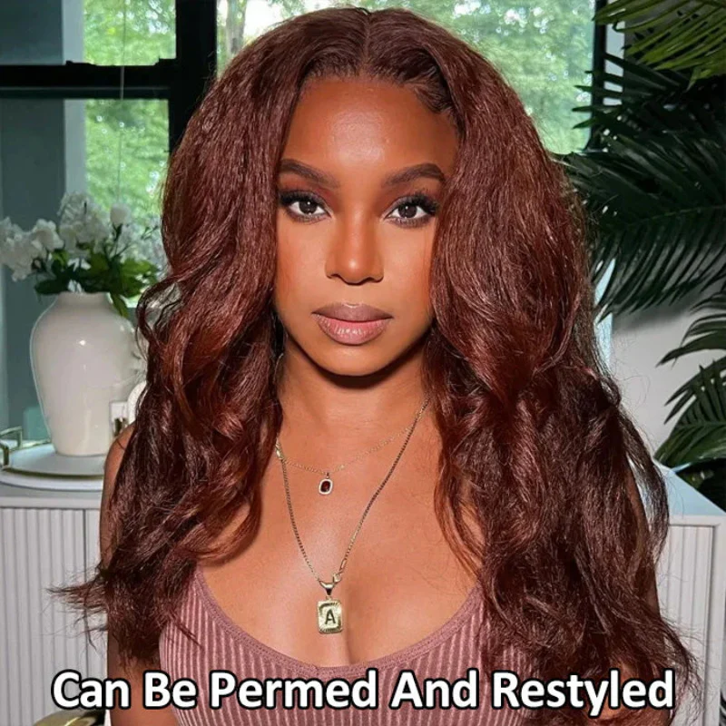 #33 Reddish Brown Kinky Straight Wig Autumn Color Glueless HD Lace Front Human Hair Wigs - Image 4