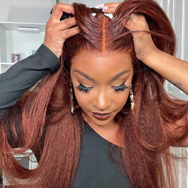 #33 Reddish Brown Kinky Straight Wig Autumn Color Glueless HD Lace Front Human Hair Wigs - Image 5