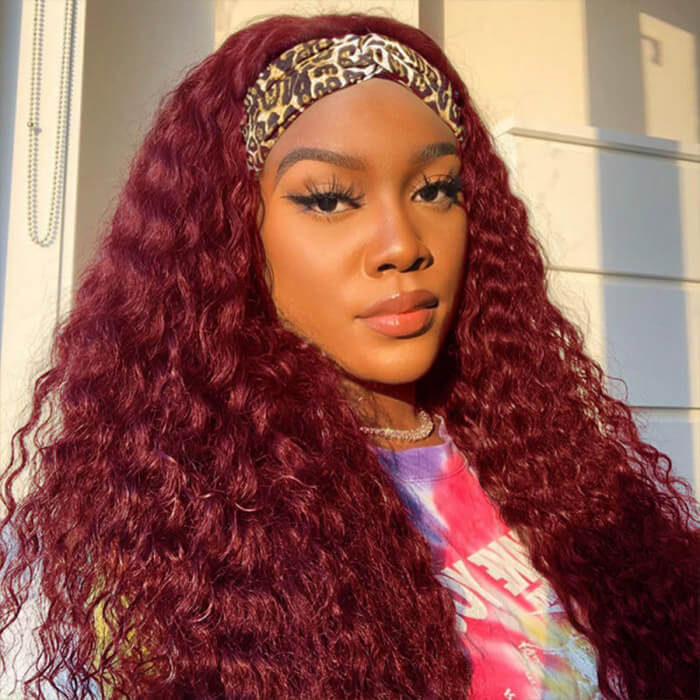 99J Burgundy Color Headband Wigs Deep Wave Human Hair - Image 4