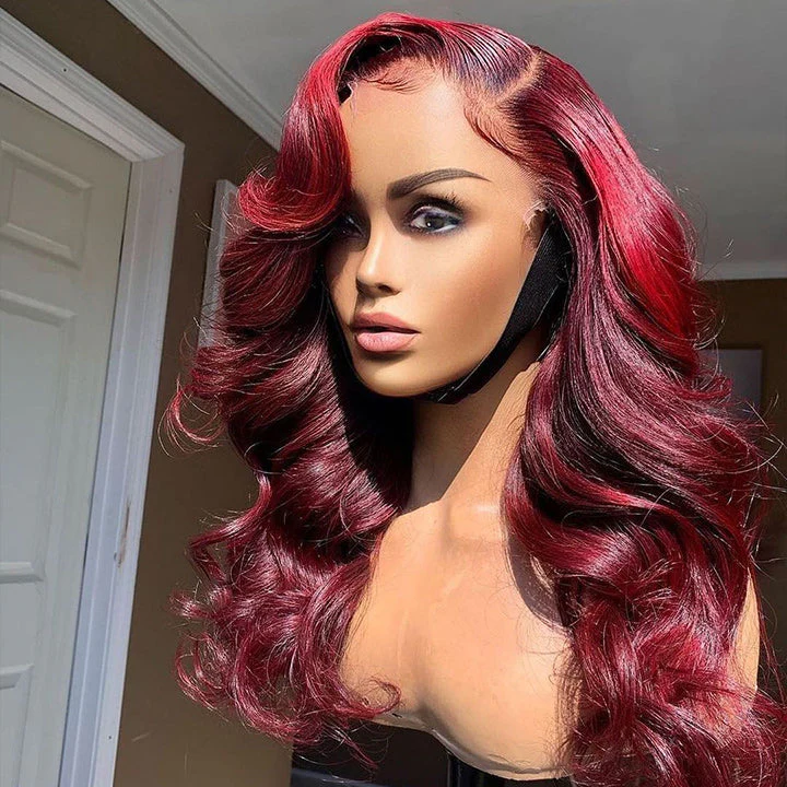 99J Burgundy Colored Human Hair 5x5/13x6 HD Lace Closure Wigs Straight & Body Wave | Burgundy Bombshell - Image 3
