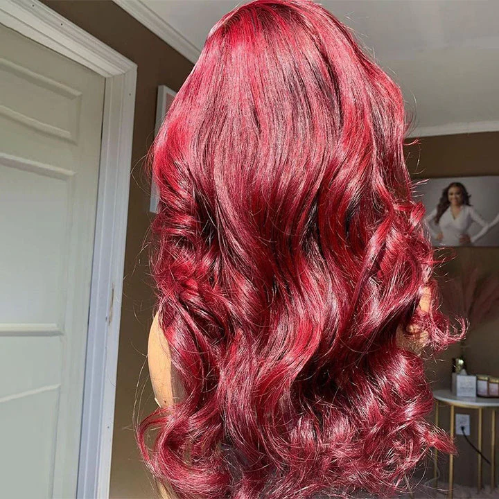 99J Burgundy Colored Human Hair 5x5/13x6 HD Lace Closure Wigs Straight & Body Wave | Burgundy Bombshell - Image 4
