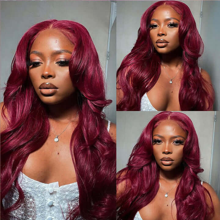 99J Burgundy Colored Human Hair 5x5/13x6 HD Lace Closure Wigs Straight & Body Wave | Burgundy Bombshell - Image 6