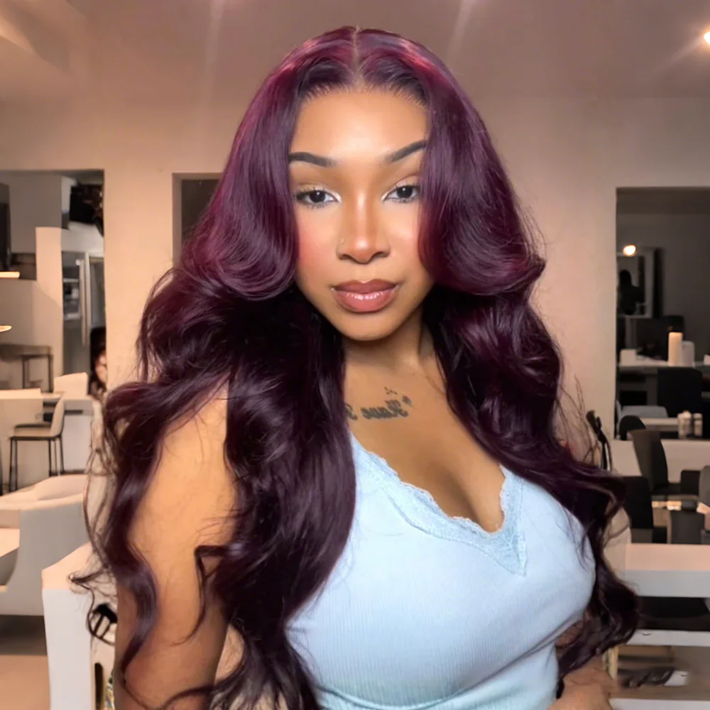 Black Cherry Curtain Bangs Body Wave Human Hair 8x5 Pre Cut Lace Glueless HD Lace Wigs 180% Density - Image 3