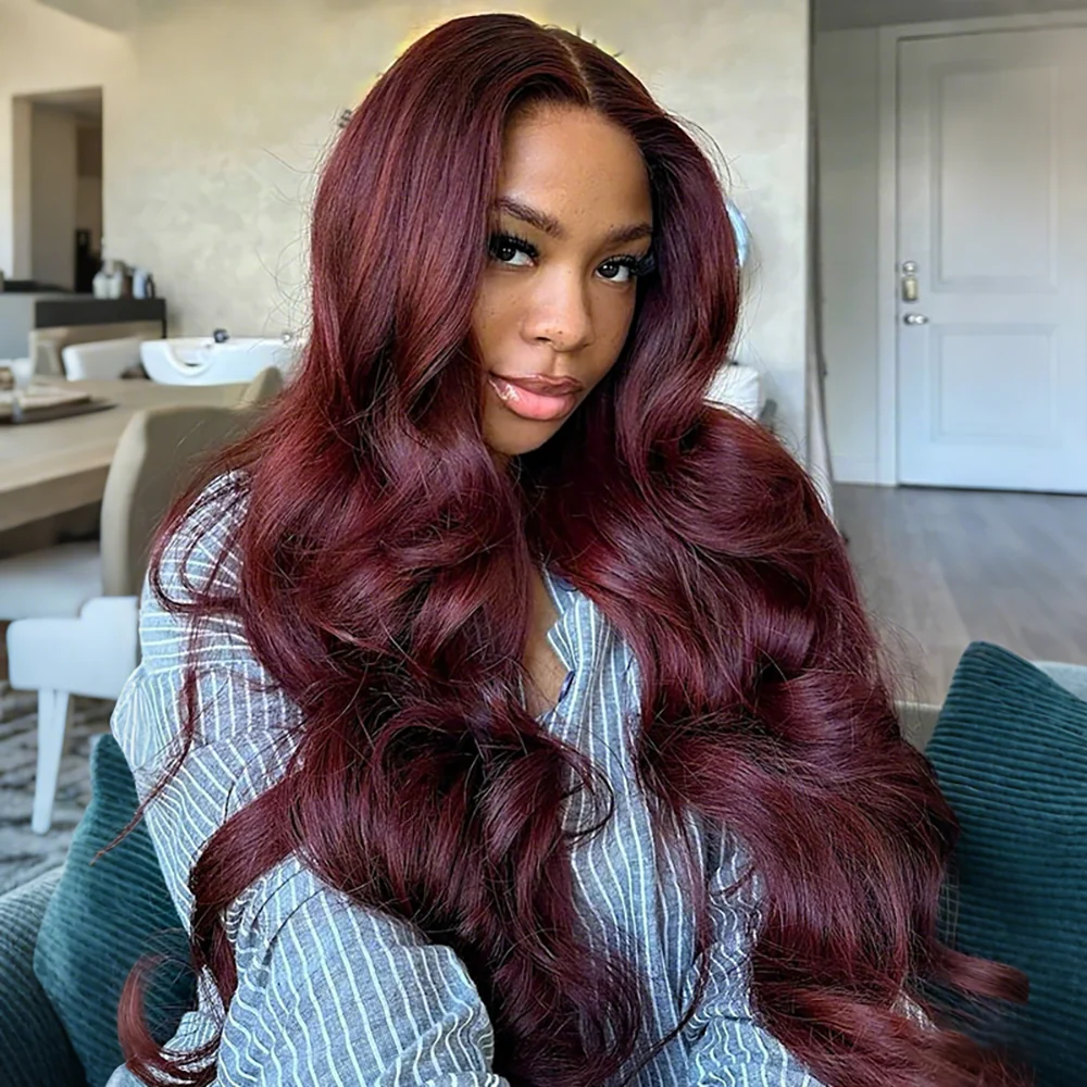 Black Cherry Curtain Bangs Body Wave Human Hair 8x5 Pre Cut Lace Glueless HD Lace Wigs 180% Density - Image 4