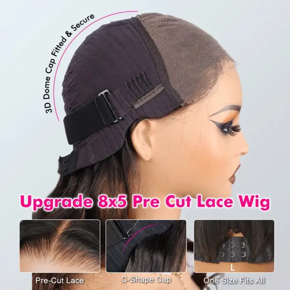 Black Cherry Curtain Bangs Body Wave Human Hair 8x5 Pre Cut Lace Glueless HD Lace Wigs 180% Density - Image 7