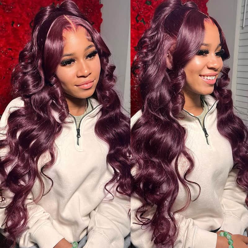 Pre-everything Glueless Black Cherry Dark Purple Sugar Plum 13x6 HD Lace Front Body Wave Human Hair Wig - Image 4