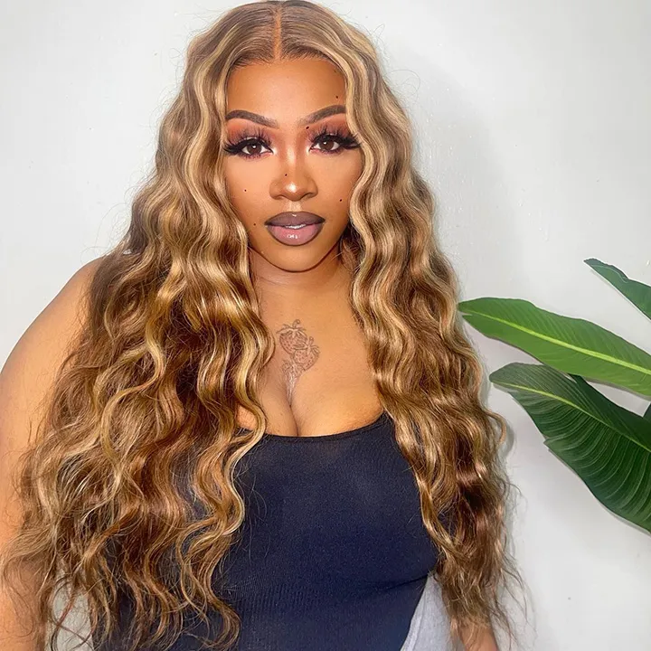 Honey Blonde Highlight Straight 13×6 Full Frontal HD Lace Wig Pull & Go Human Hair Wigs - Image 3