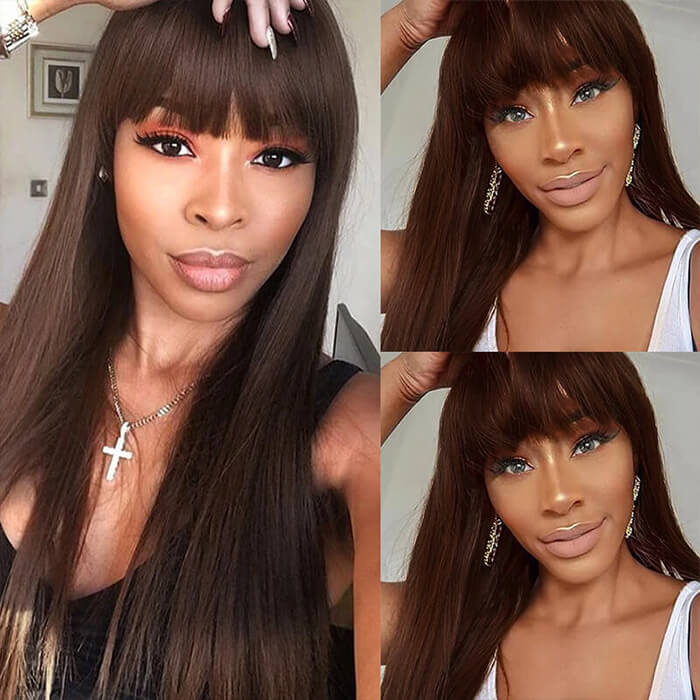 #4 Dark Brown Straight Wig With Natural Full Bangs Lace Front Wig - Image 3