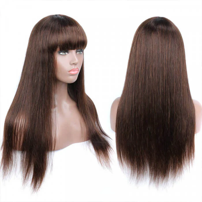 #4 Dark Brown Straight Wig With Natural Full Bangs Lace Front Wig - Image 4