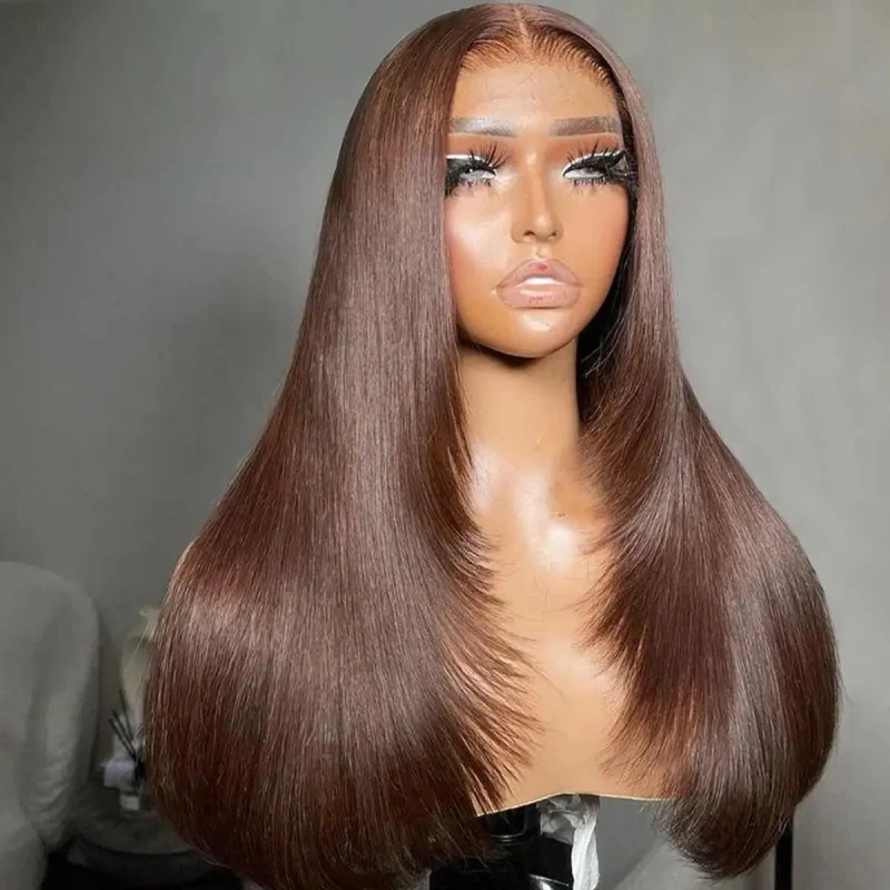 Pizazz Hair Layered Cut #4 Dark Brown Straight 8X5 Glueless With Pre-plucked Hairline Human Hair Wigs - Image 4