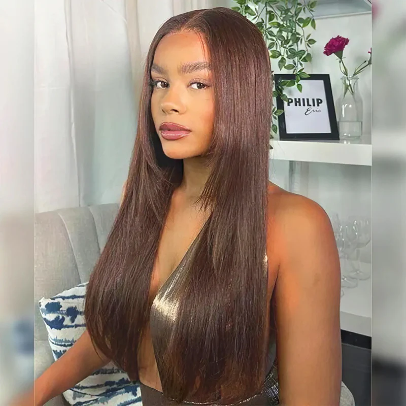 Pizazz Hair Layered Cut #4 Dark Brown Straight 8X5 Glueless With Pre-plucked Hairline Human Hair Wigs - Image 5