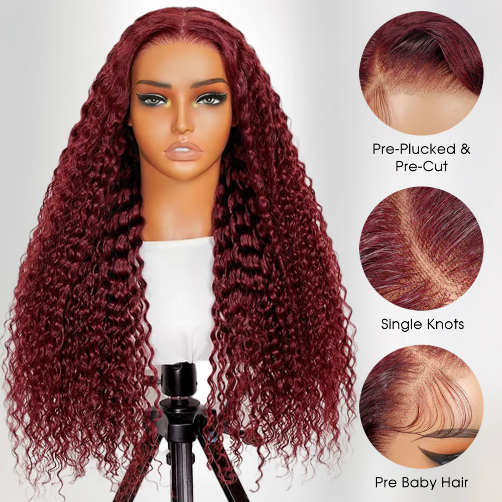 Pizazz 99J Burgundy Deep Wave 13x6 HD Lace Front Wigs Human Hair 12A Pre Plucked Hairline with Baby Hair Natural Looking - Image 5