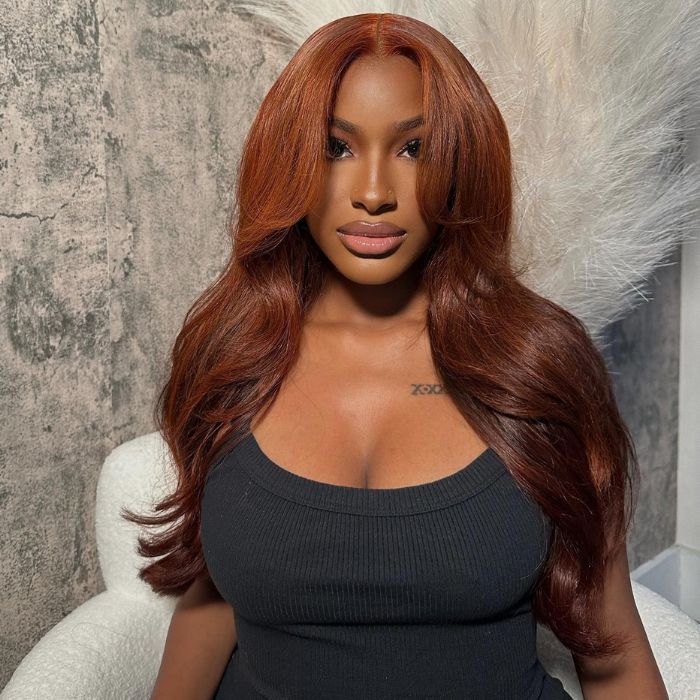 Glueless Reddish Brown Straight Pre-Cut HD Lace Wig with Curtain Bangs - Image 3