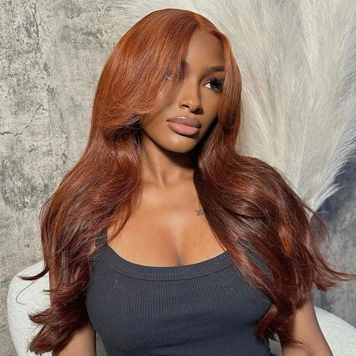 Glueless Reddish Brown Straight Pre-Cut HD Lace Wig with Curtain Bangs - Image 5