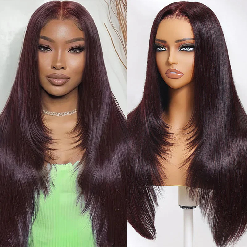 Black Cherry Layered Cut Glueless Wig 13x6 Lace Front Straight Human Hair - Image 3