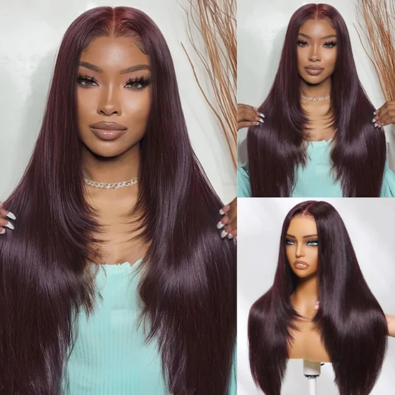 Black Cherry Layered Cut Glueless Wig 13x6 Lace Front Straight Human Hair - Image 4