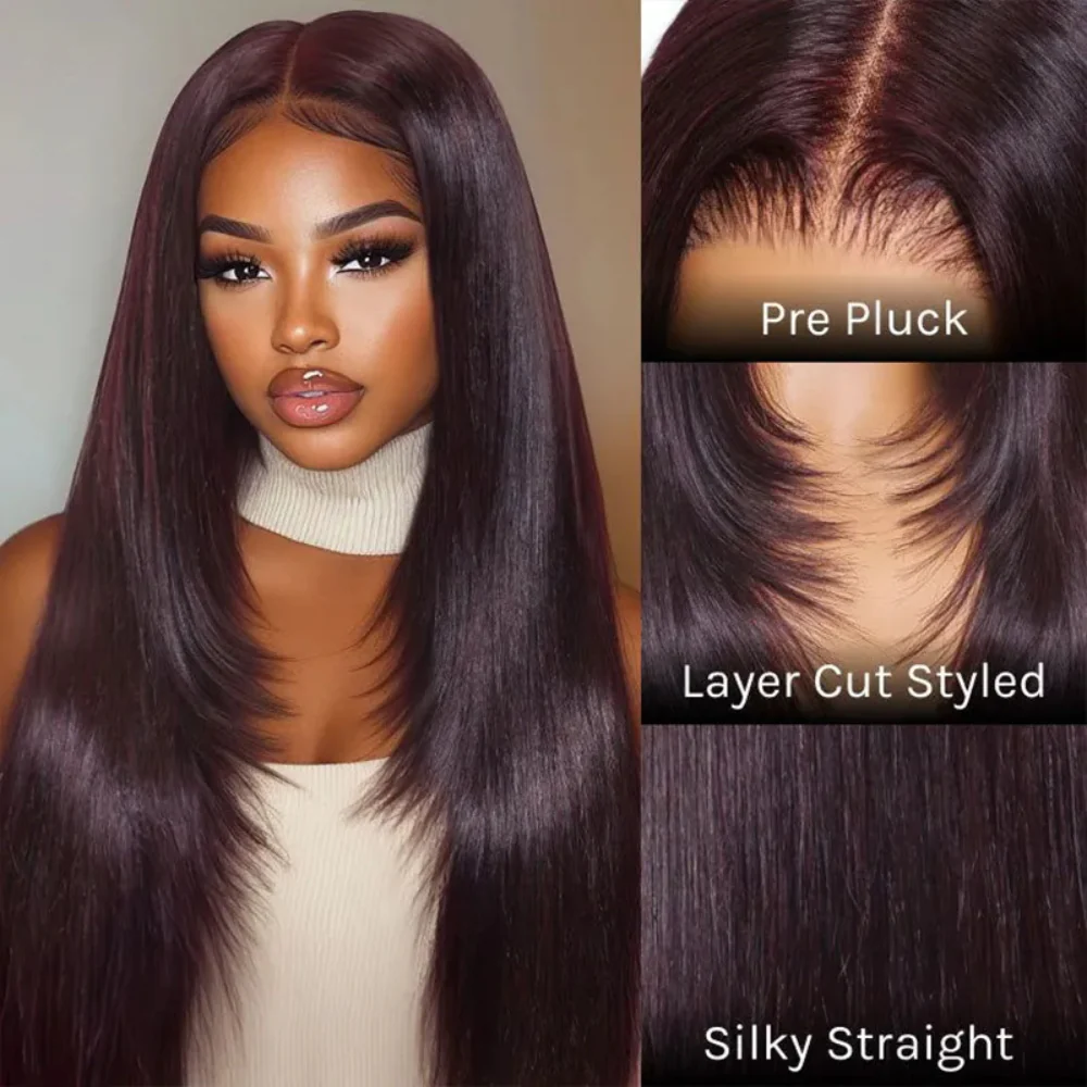 Black Cherry Layered Cut Glueless Wig 13x6 Lace Front Straight Human Hair - Image 5