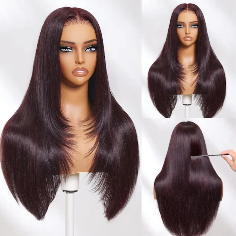 Black Cherry Layered Cut Glueless Wig 13x6 Lace Front Straight Human Hair - Image 6