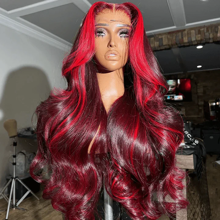 Highlight Red Mix Burgundy Human Hair Wig 13x6 Lace Front 8x5 Glueless Ready To Wear - Image 4