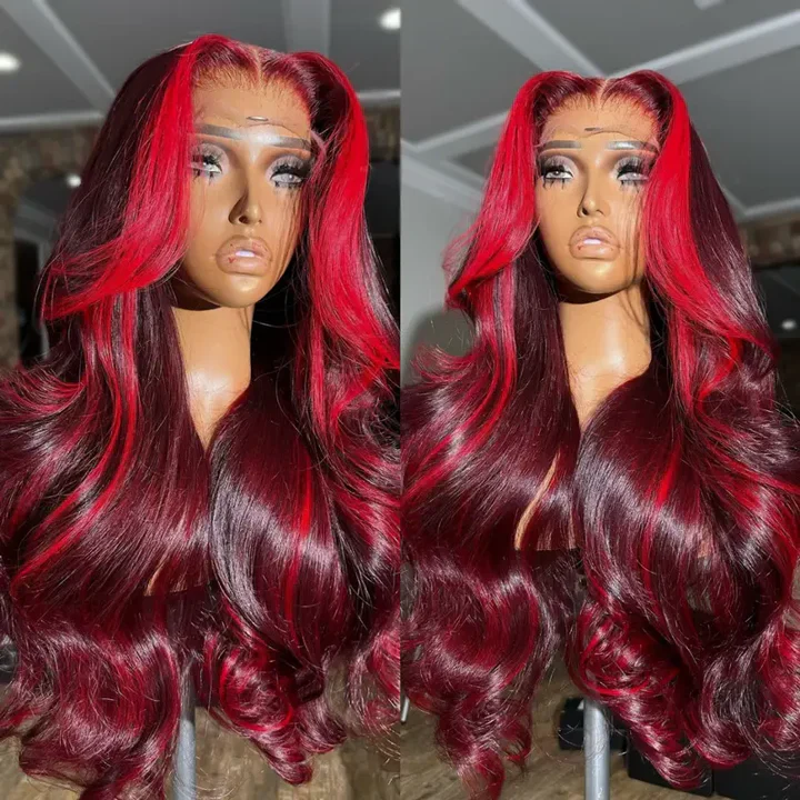 Highlight Red Mix Burgundy Human Hair Wig 13x6 Lace Front 8x5 Glueless Ready To Wear - Image 5