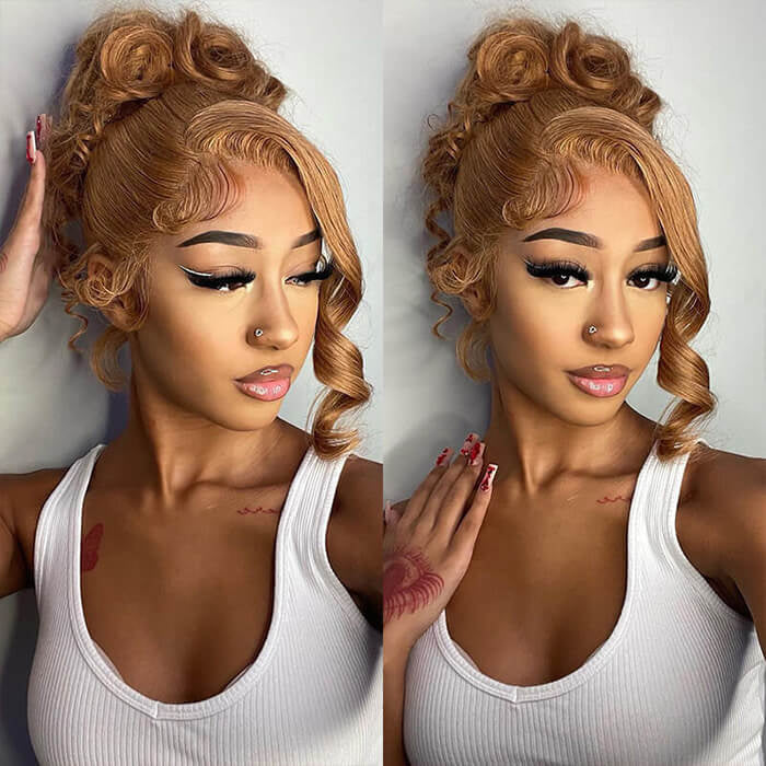 #27 Honey Blonde Body Wave Wig 8x5 Glueless Lace Front Wig 180% Human Hair Wig - Image 3