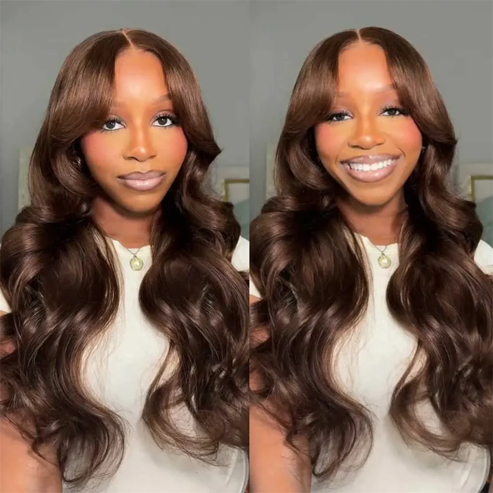 Chocolate Brown Body Wave With Curtain Bangs Wig Glueless 13x6 Pre-Cut Drawstring wig - Image 3