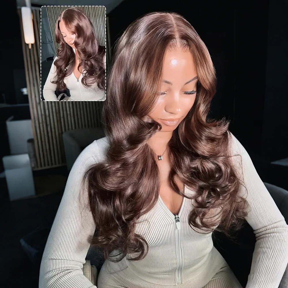 Chocolate Brown Body Wave With Curtain Bangs Wig Glueless 13x6 Pre-Cut Drawstring wig - Image 4