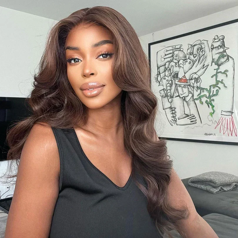 Chocolate Brown Body Wave With Curtain Bangs Wig Glueless 13x6 Pre-Cut Drawstring wig - Image 5