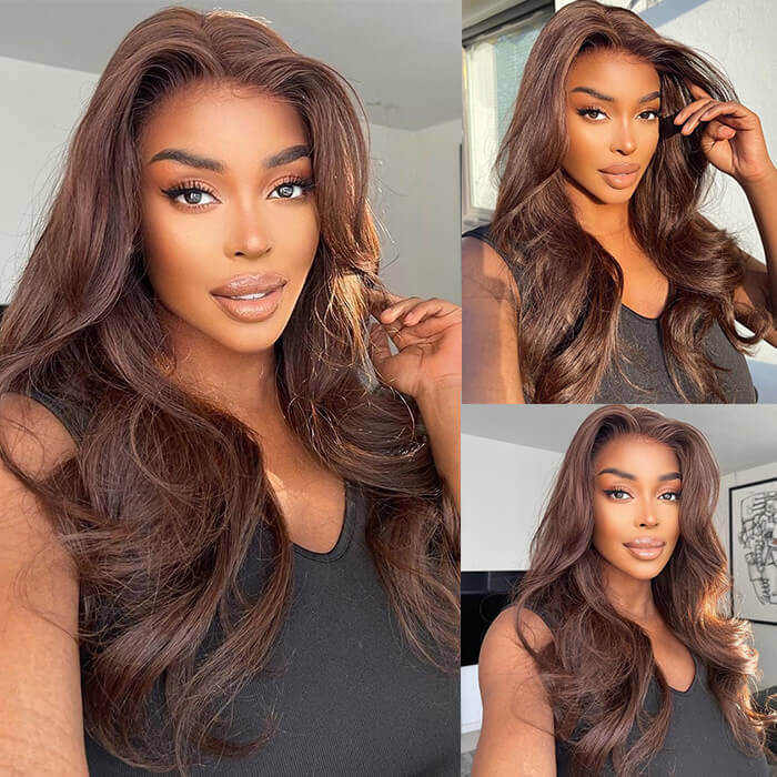 Chocolate Brown Body Wave With Curtain Bangs Wig Glueless 13x6 Pre-Cut Drawstring wig - Image 6