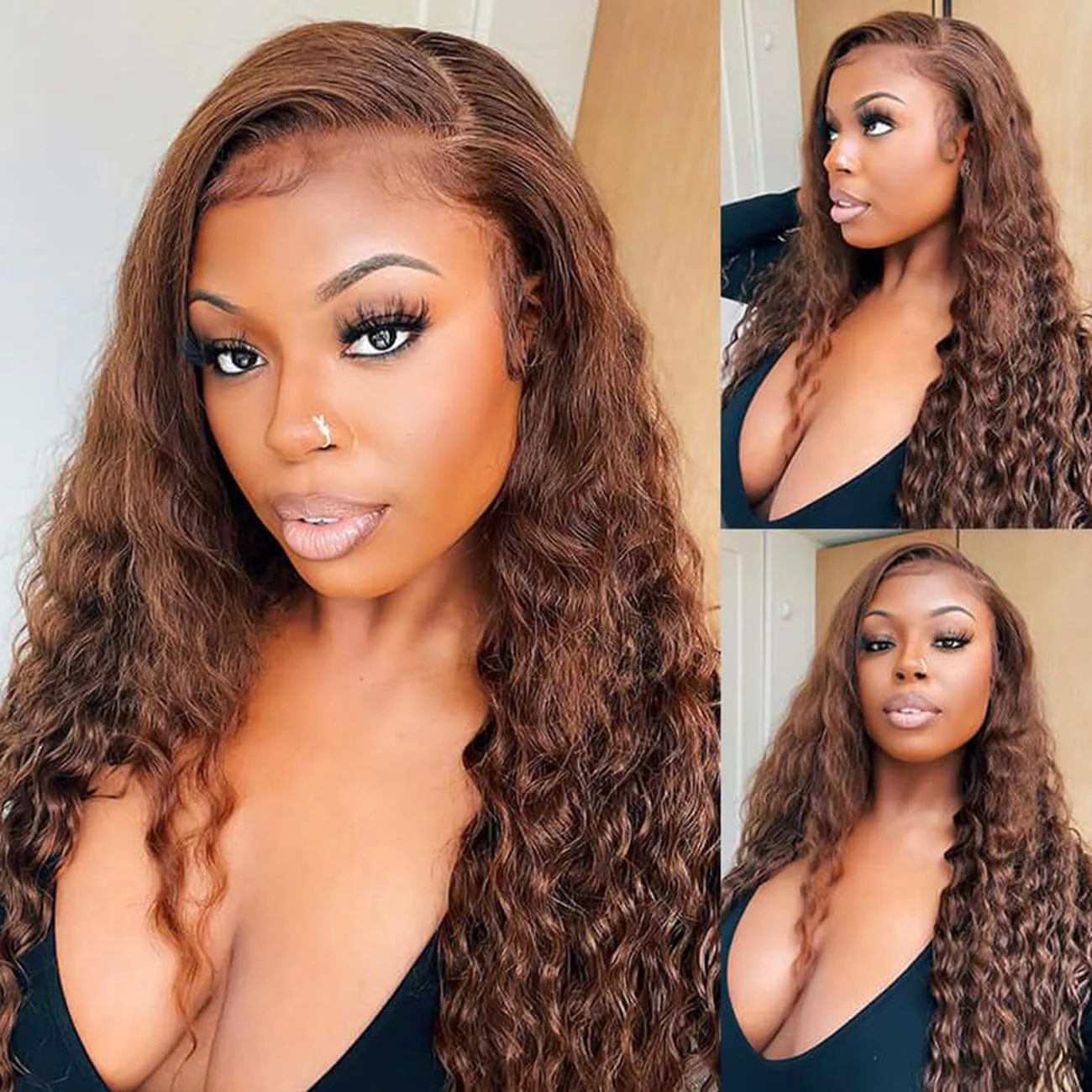 Invisi-String Water Wave Chocolate Brown  360 Lace Frontal Wigs Pre-Bleached Knots Human Hair Wig - Image 3