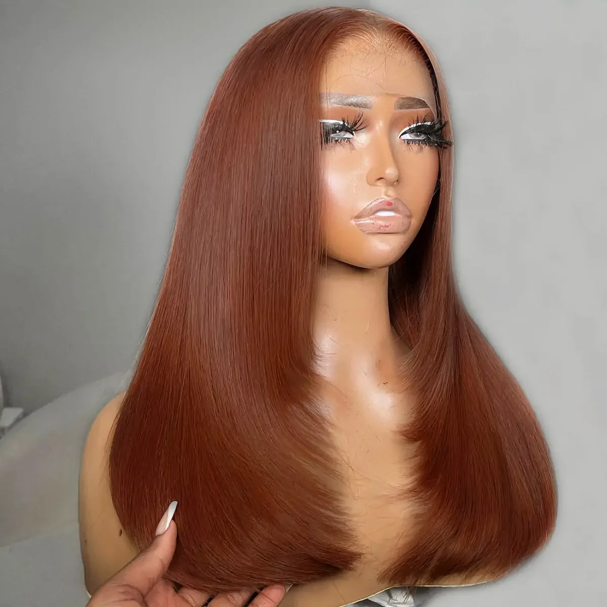 Reddish Brown Layered Cut Straight HD Lace Glueless Wig Pre Plucked Bleached Knots - Image 3