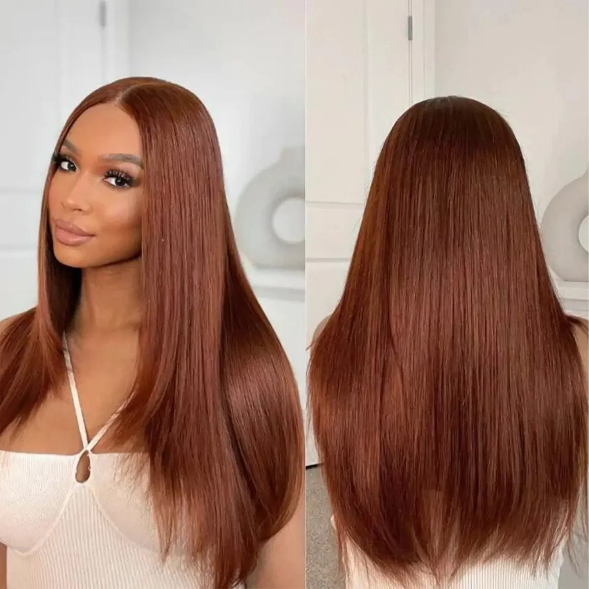 Reddish Brown Layered Cut Straight HD Lace Glueless Wig Pre Plucked Bleached Knots - Image 4