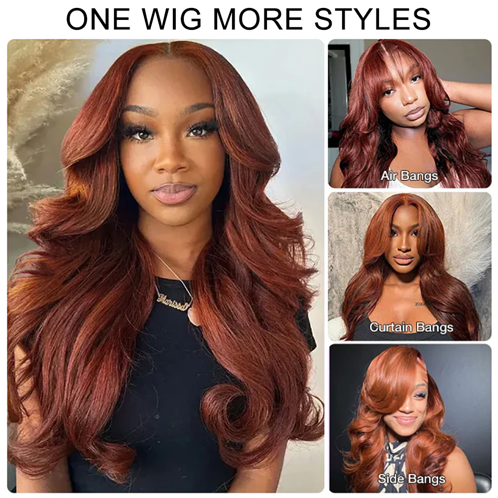 Layered Cut Glueless Loose Body Wave Curtain Bangs Reddish Brown  HD Lace Frontal Wig - Image 4