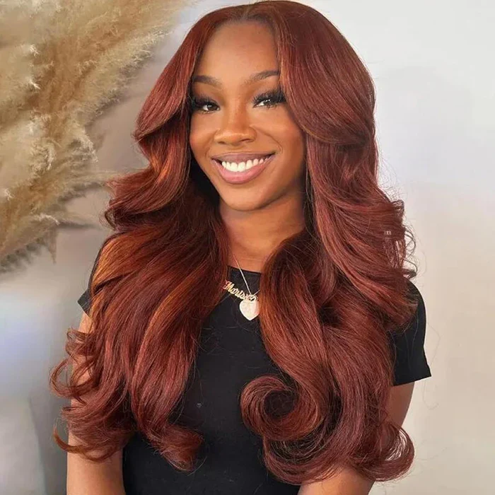 Layered Cut Glueless Loose Body Wave Curtain Bangs Reddish Brown  HD Lace Frontal Wig - Image 5