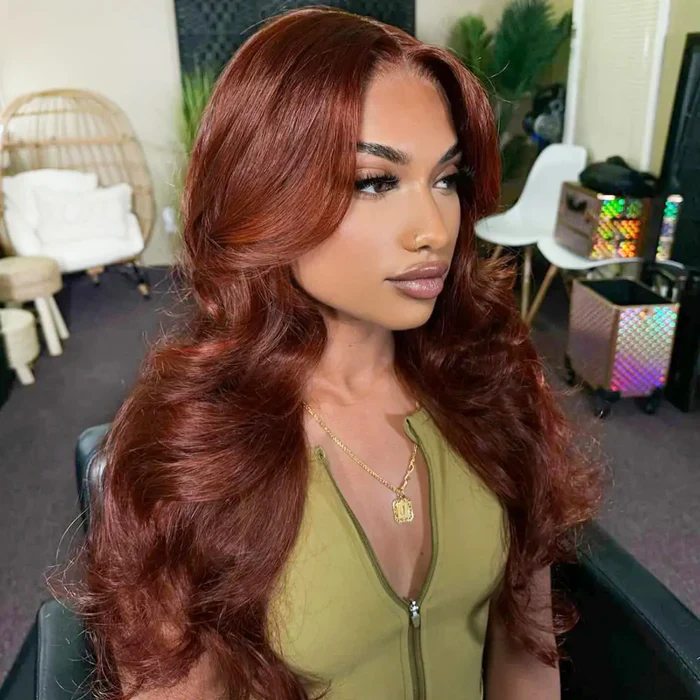 Layered Cut Glueless Loose Body Wave Curtain Bangs Reddish Brown  HD Lace Frontal Wig - Image 6