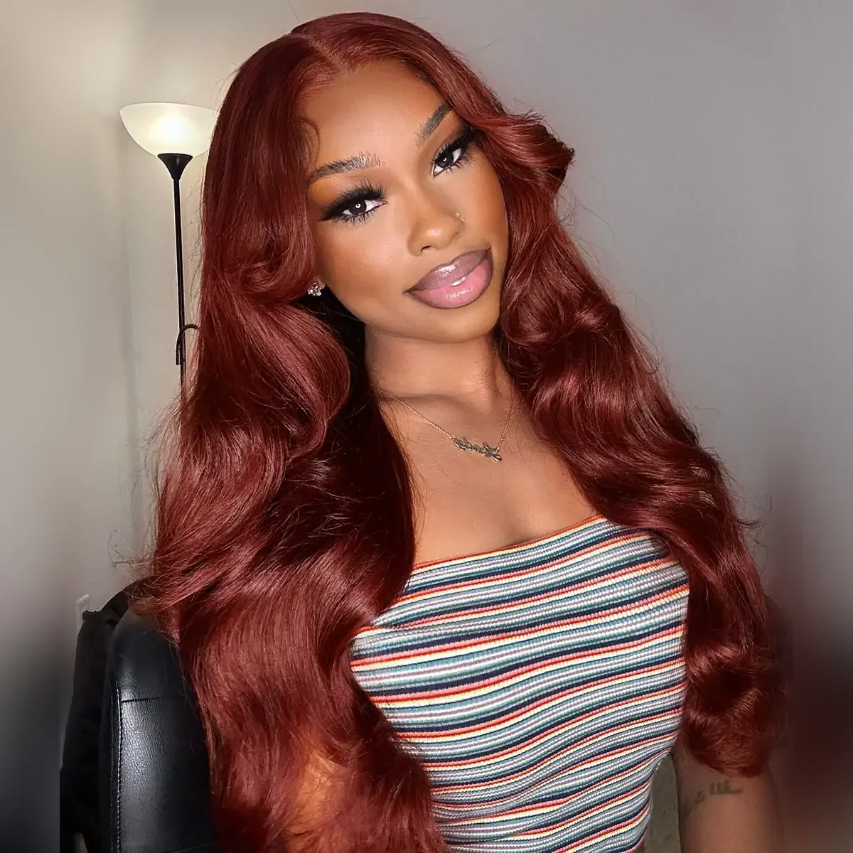 Layered Cut Glueless Loose Body Wave Curtain Bangs Reddish Brown  HD Lace Frontal Wig - Image 8