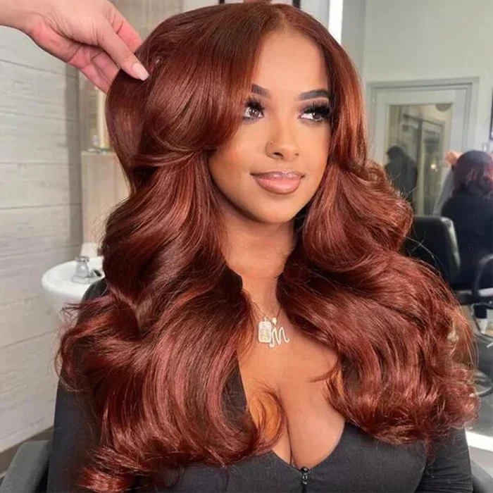 Layered Cut Glueless Loose Body Wave Curtain Bangs Reddish Brown  HD Lace Frontal Wig - Image 9