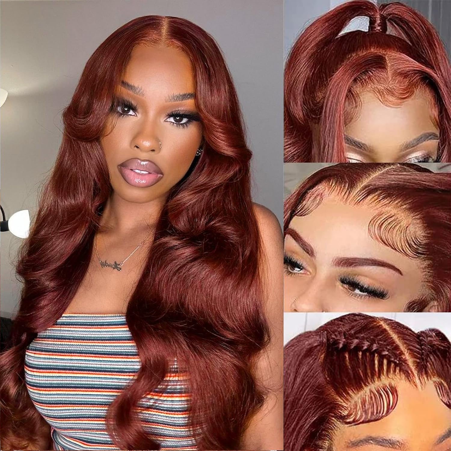 Reddish Brown Glueless Wig 13×6 Body Wave Full Frontal HD Lace Wig 180% Density - Image 7