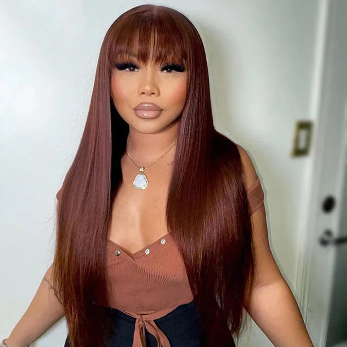 Reddish Brown Straight Wig With Bangs Auburn Glueless Human Hair Wig Easy to Wear - Image 3