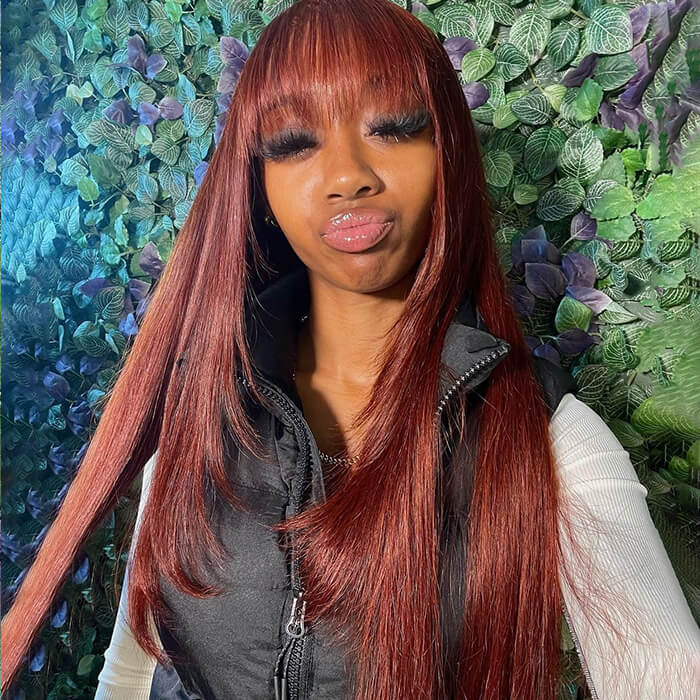 Reddish Brown Straight Wig With Bangs Auburn Glueless Human Hair Wig Easy to Wear - Image 5