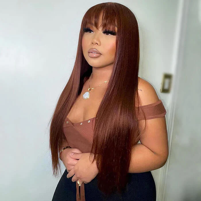 Reddish Brown Straight Wig With Bangs Auburn Glueless Human Hair Wig Easy to Wear - Image 6
